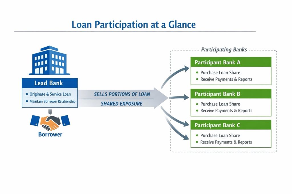 Loan participation structure showing lead bank, participants, and shared exposure while the lead retains borrower relationship.